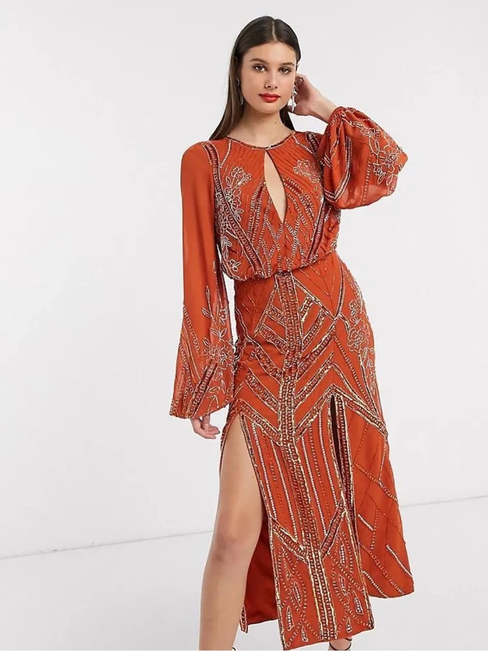 ASOS Burnt Orange Beaded Keyhole Maxi Dress